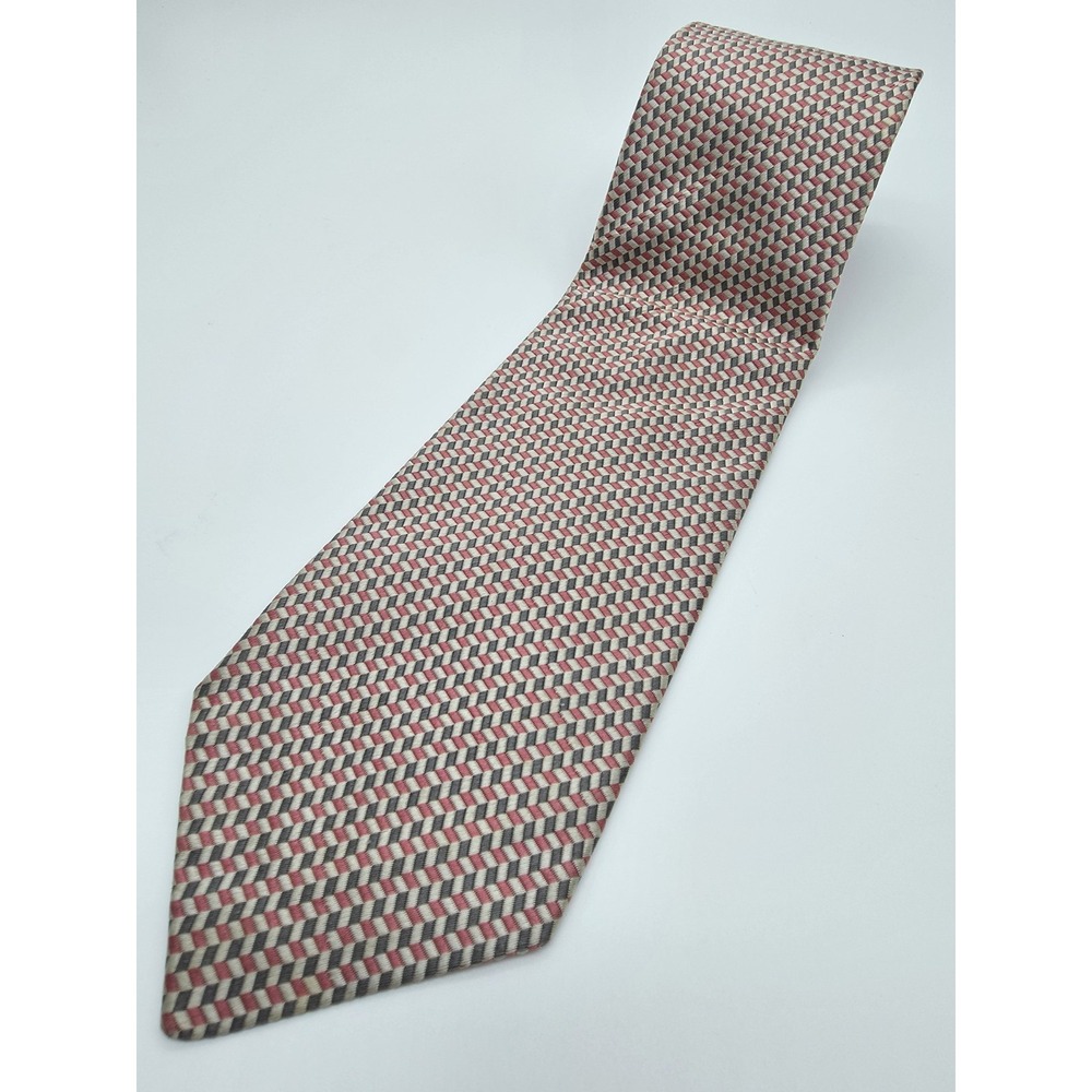 Aquascumtum of London Vintage 100% Silk Geometric Tie Pink Tan Gray 58" x 3.25"